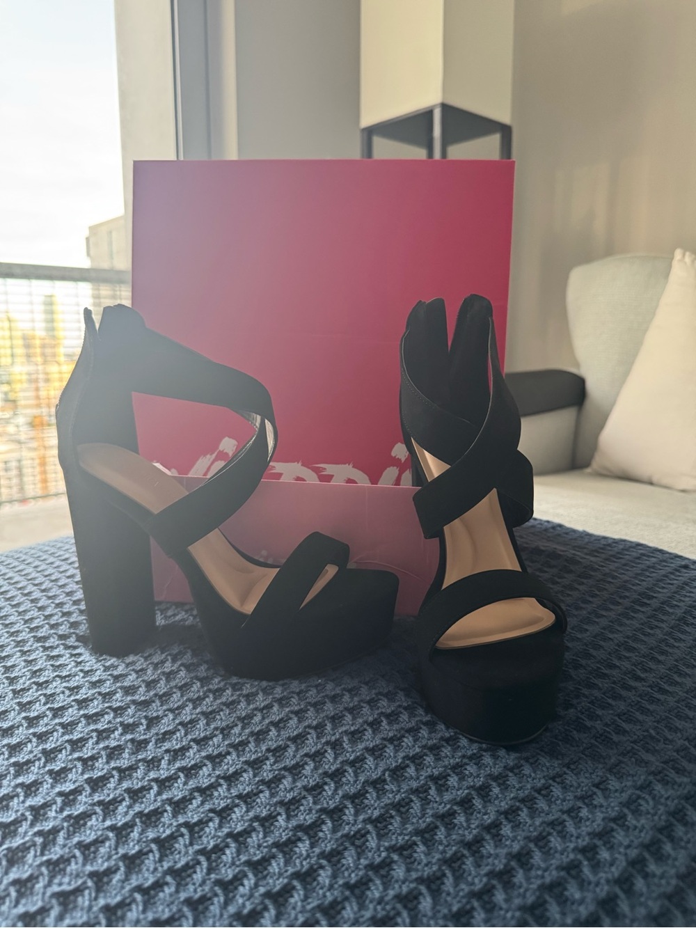 Wild Diva Black Crisscross Platform Block Heel Sandals